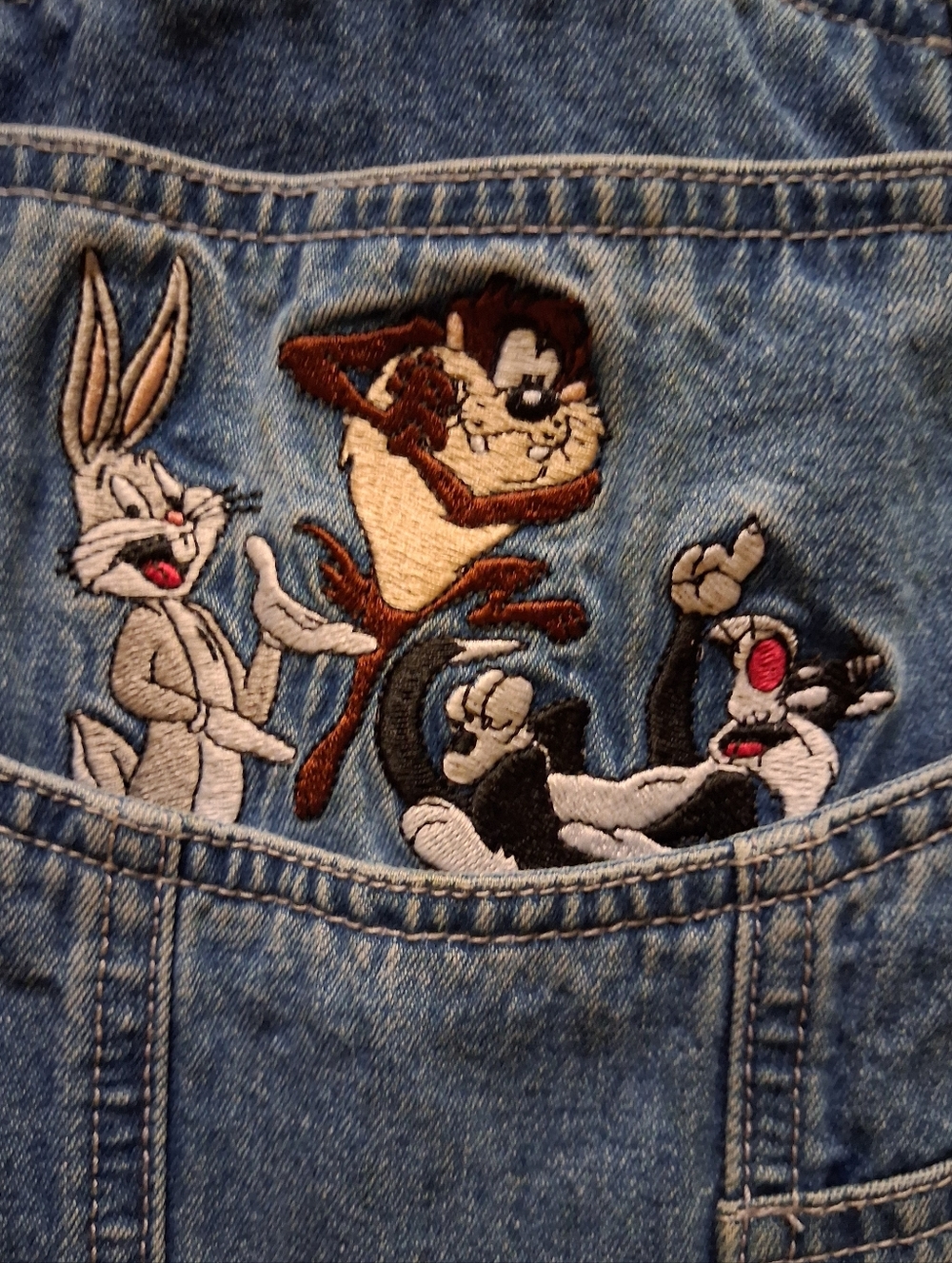 Vintage Looney Tunes Denim Overalls Warner Bros Studio Adult M Bugs Bunny Tweety - Picture 13 of 14